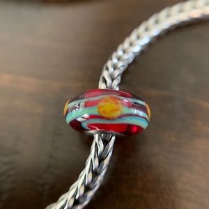 Trollbeads Red China Bead-w bluish stripe & yellow